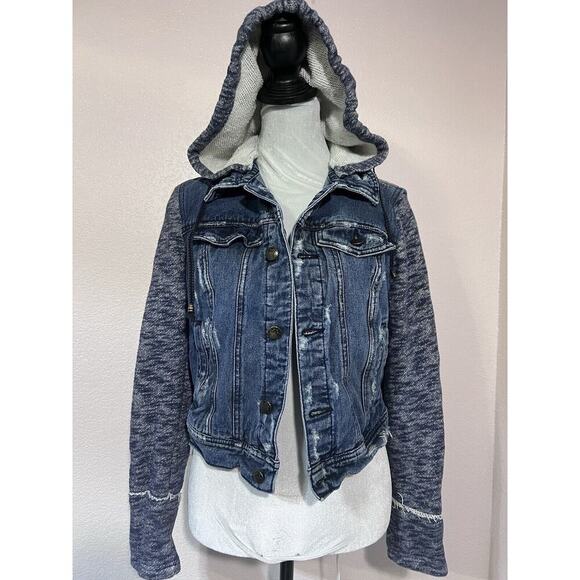 Free People Jean Jacket Hoodie Casual Grunge Cotton Fall Indie Distressed XS - Picture 1 of 9